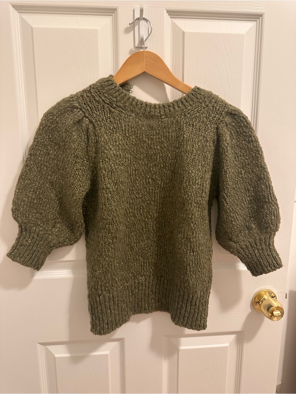 Sezane Olive Green Puff Sleeve Crewneck Sweater